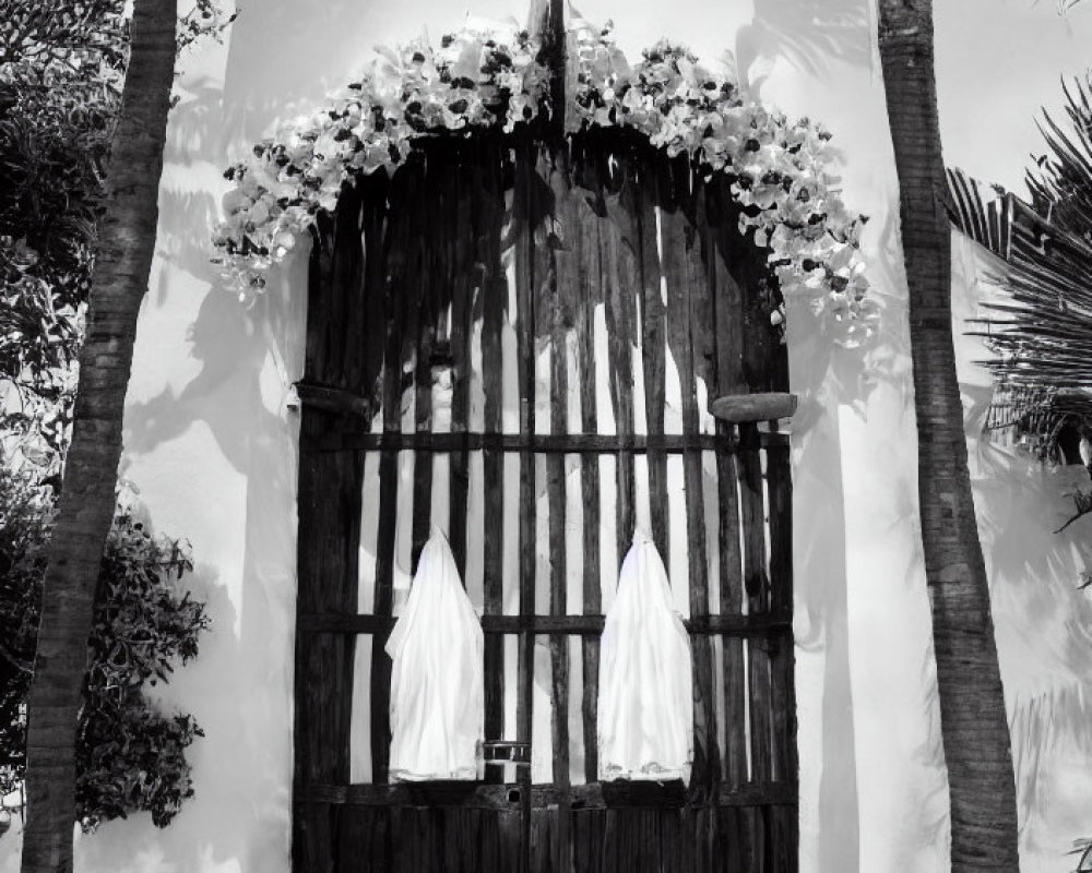 Monochrome image: Ornate wooden gate with flowers, palm trees, and white cloths