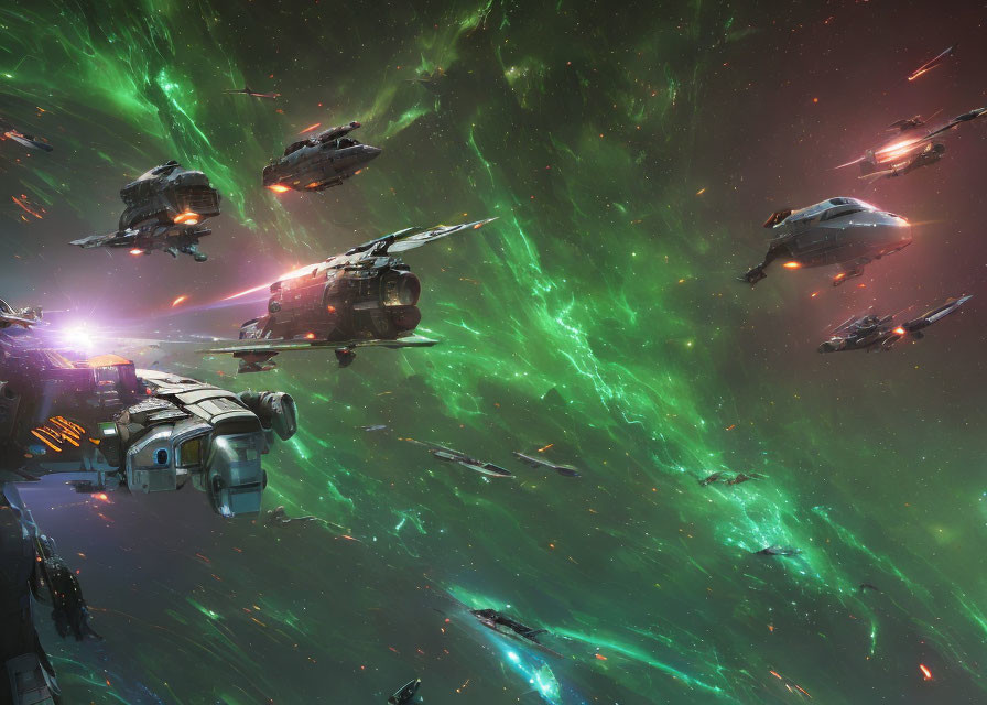 Futuristic Spaceships in Vibrant Green Nebula