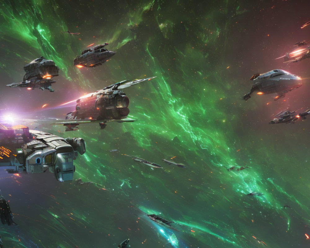 Futuristic Spaceships in Vibrant Green Nebula