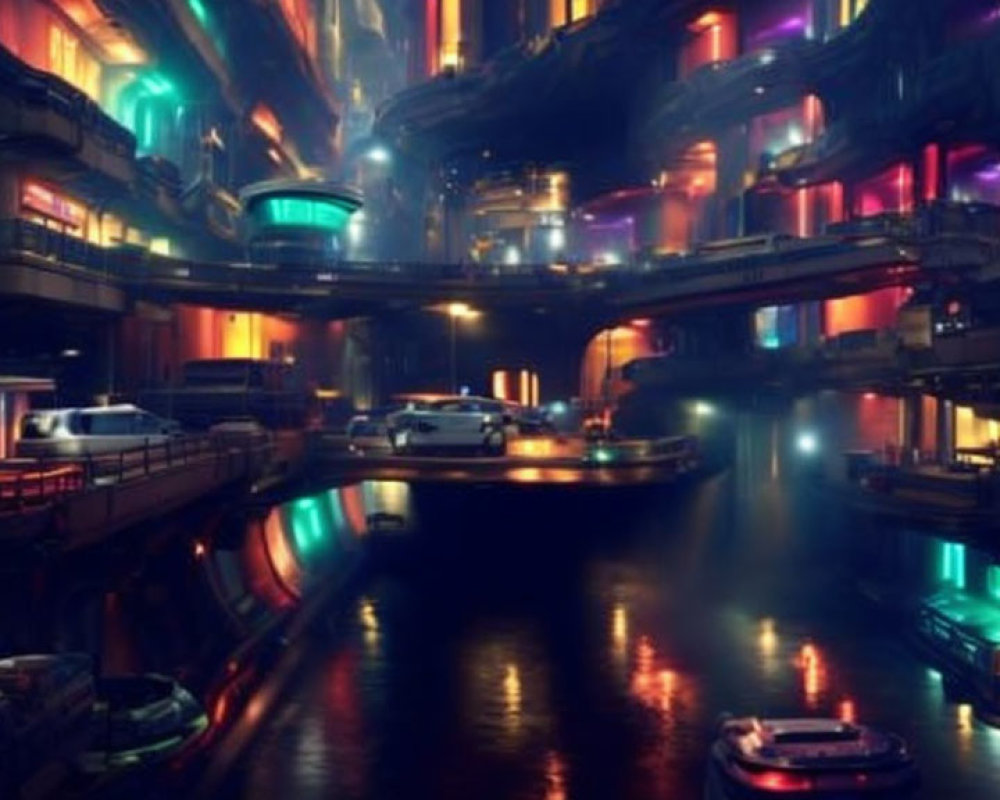 Futuristic cityscape at night: neon lights, flying cars, multi-level roads.