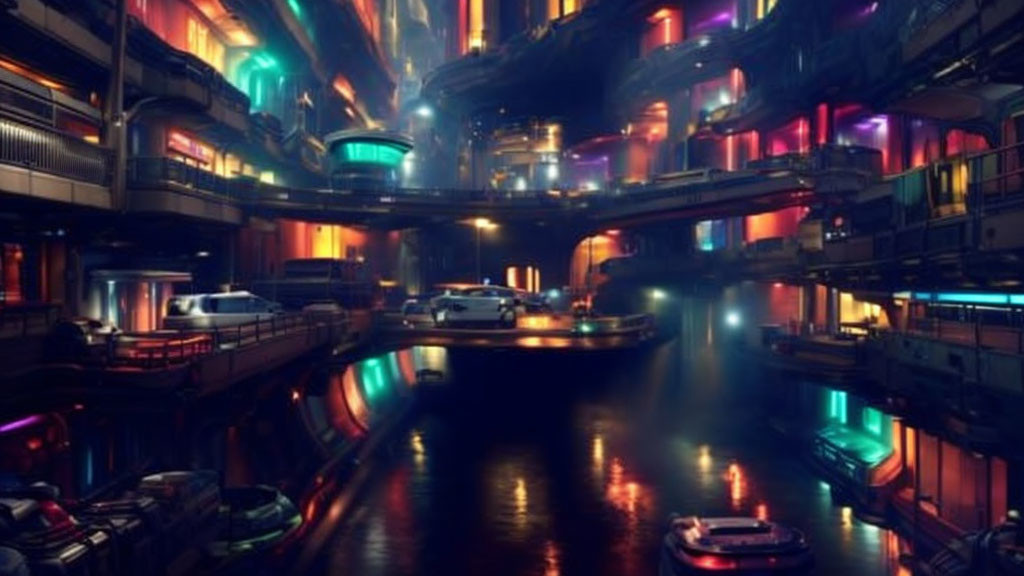 Futuristic cityscape at night: neon lights, flying cars, multi-level roads.