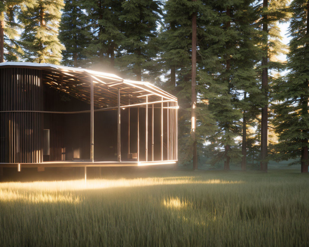 Contemporary cabin with glowing edges in forest clearing at dawn