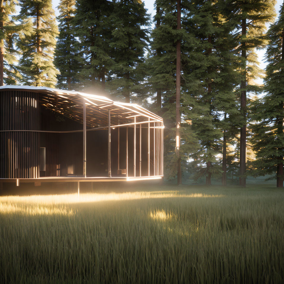 Contemporary cabin with glowing edges in forest clearing at dawn