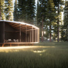 Contemporary cabin with glowing edges in forest clearing at dawn