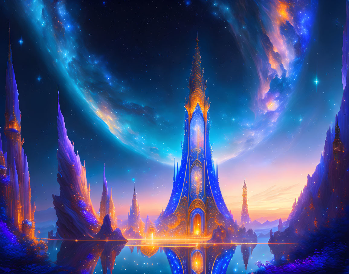 Majestic blue castle in fantasy landscape under starry sky