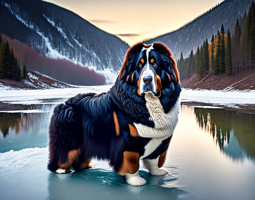 Majestic Bernese Mountain Dog on Ice with Mountain Lake Scenery