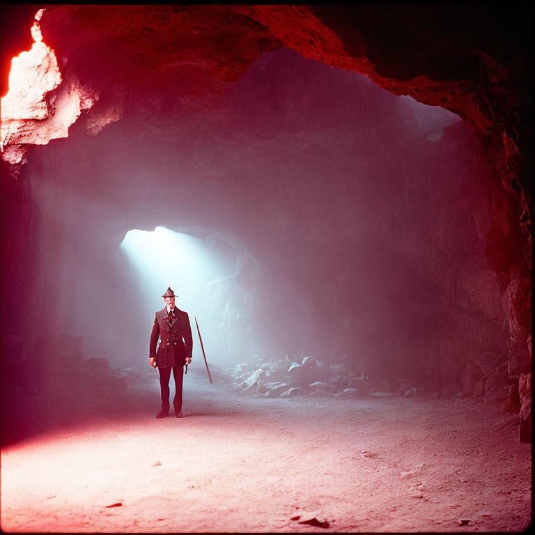 Person in Suit and Hat Standing in Cave with Natural Light Beam