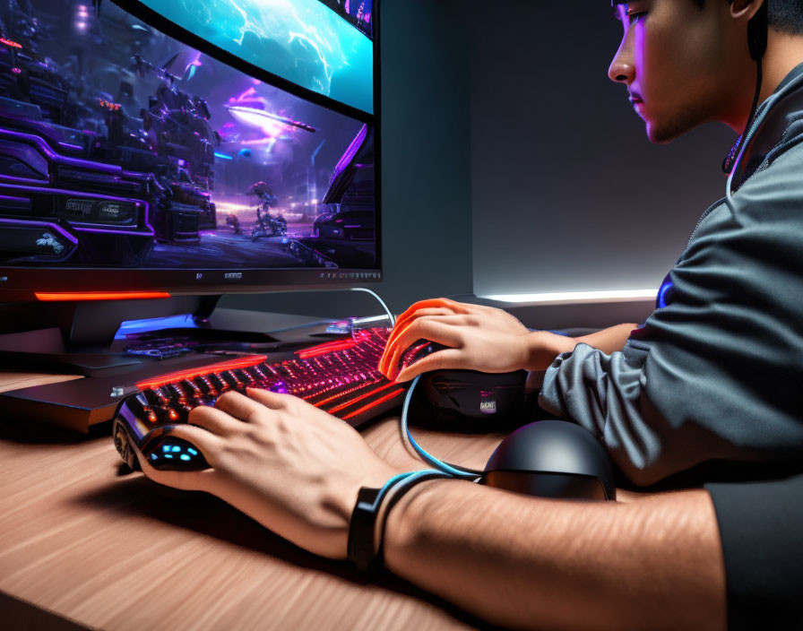 Gamer playing on computer with RGB keyboard and mouse, vivid game screen.