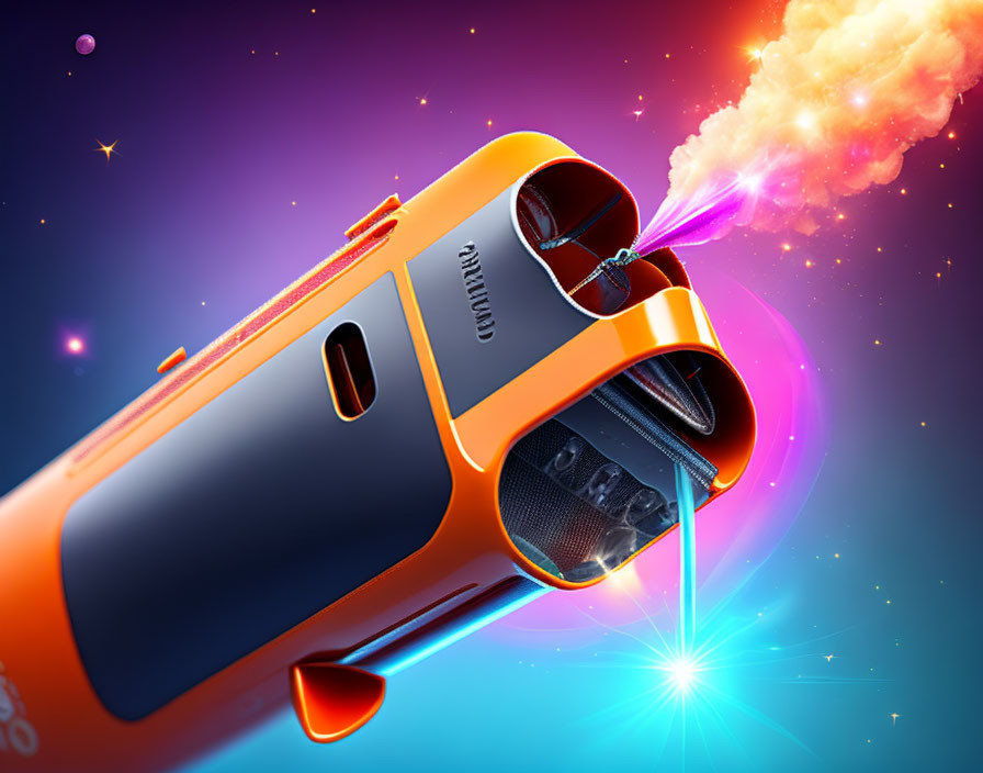 Orange futuristic car with rocket boosters in cosmic space