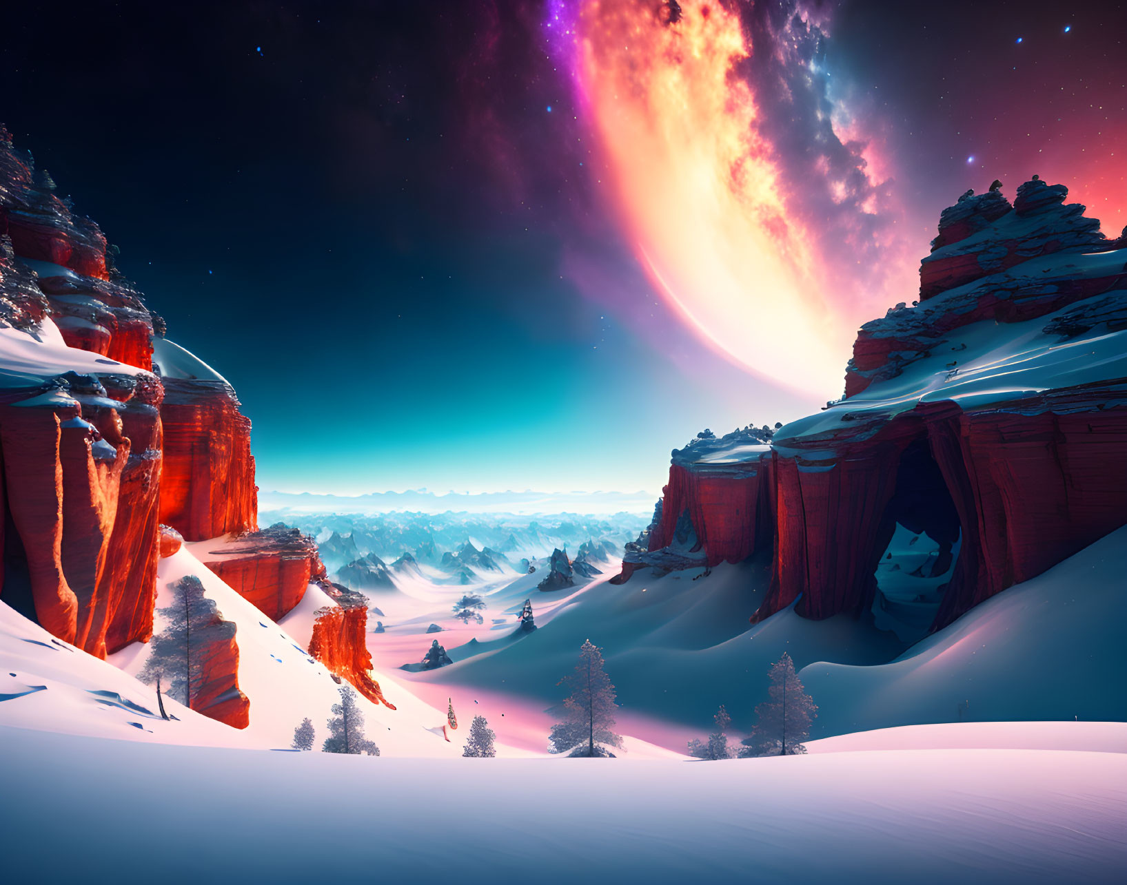 Snowy Landscape with Red Rock Formations and Starry Sky at Twilight