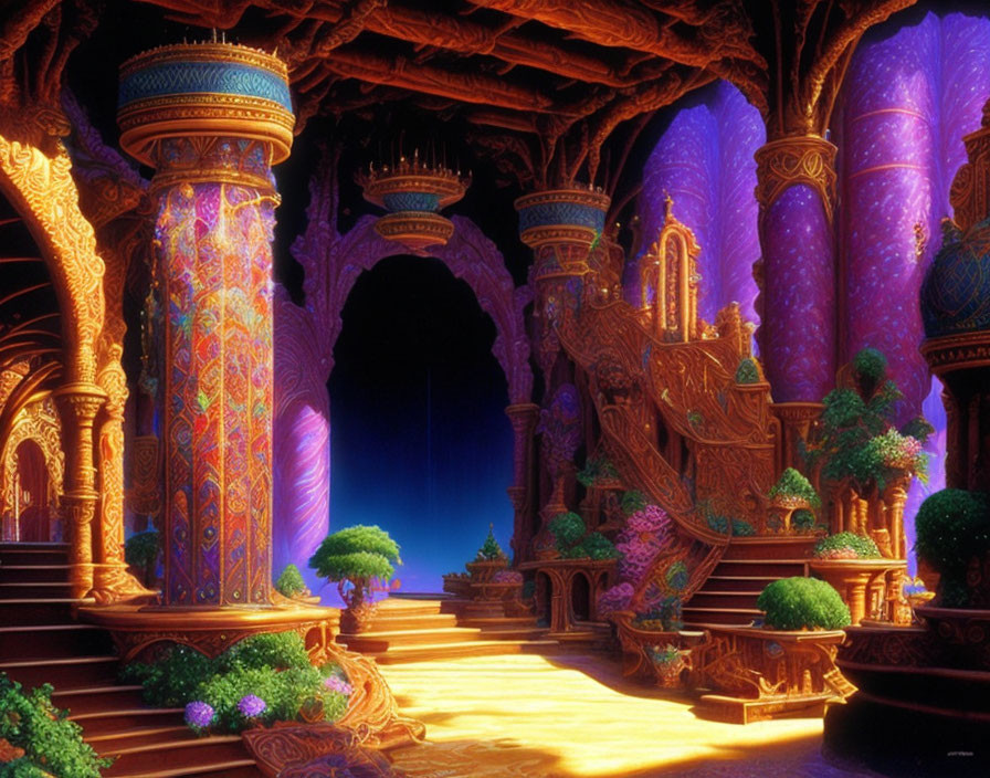 Luxurious fantasy palace interior with golden thrones, purple pillars, arches, and greenery