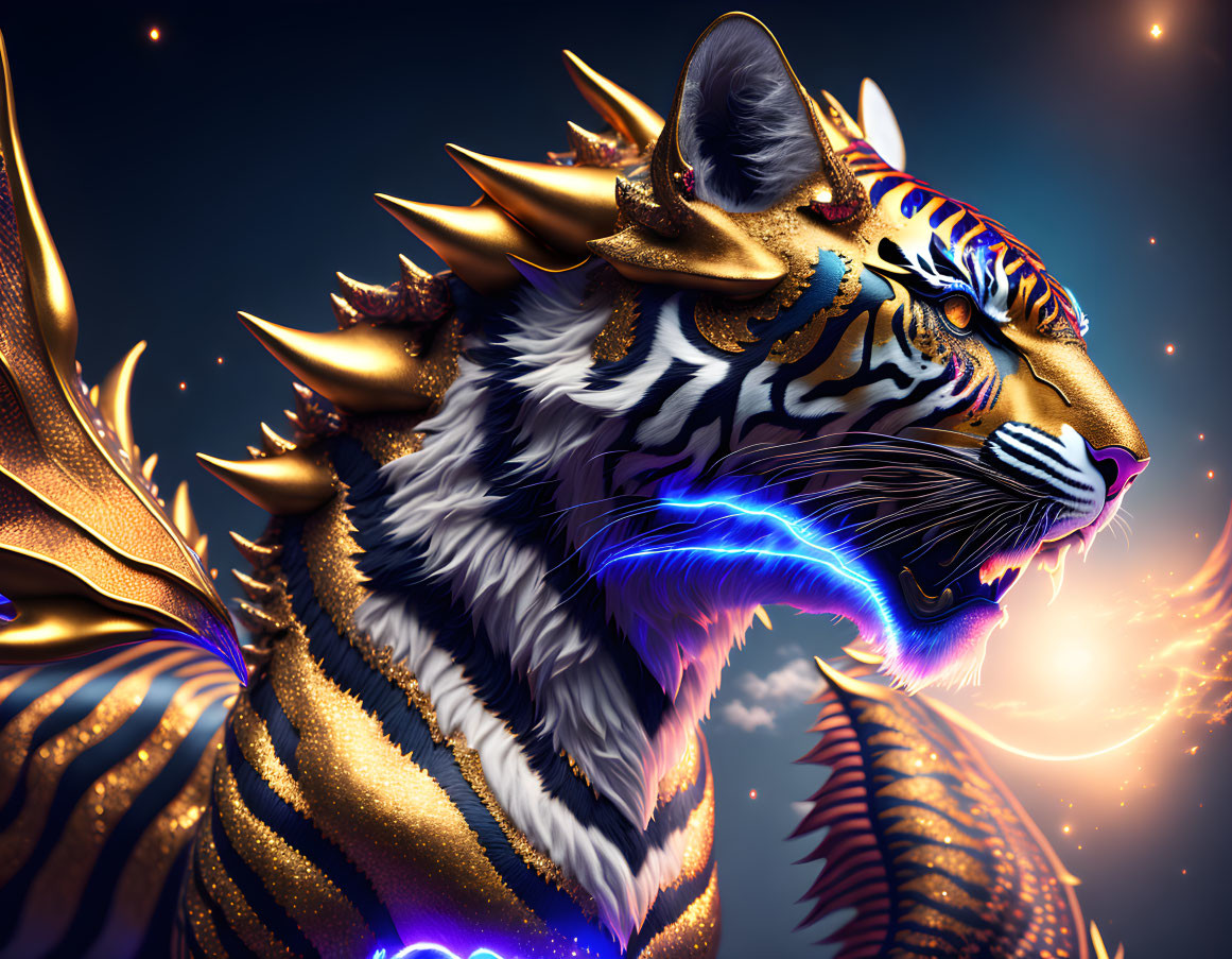 Mythical tiger digital artwork with golden armor and blue neon accents