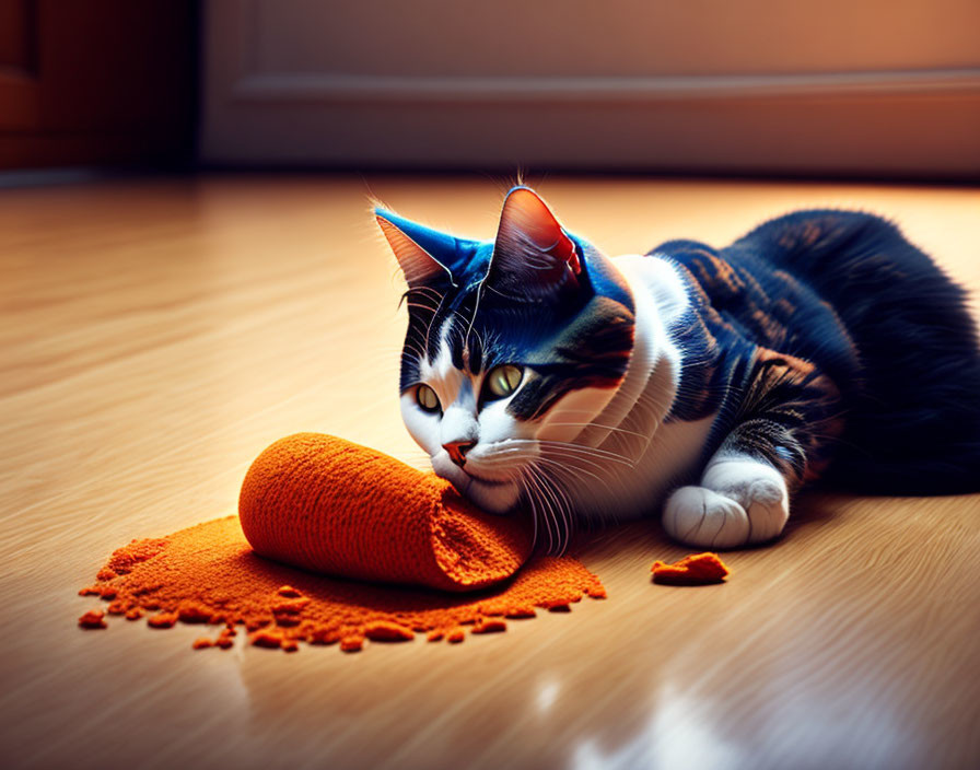 Blue Birthday Hat Cat Resting on Wooden Floor with Orange Toy in Sunlit Room