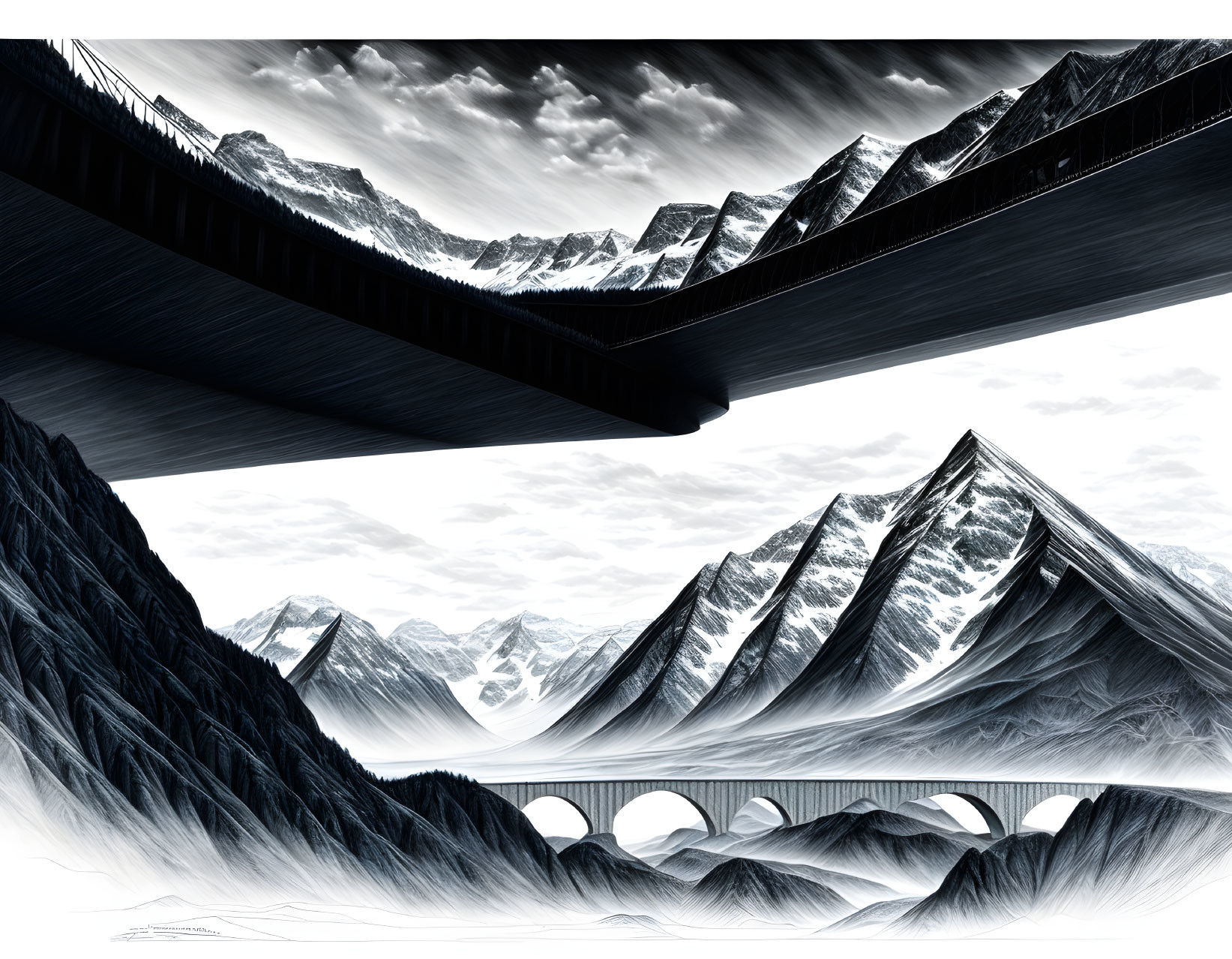 Monochrome illustration of mountain landscape with bridge and viaduct