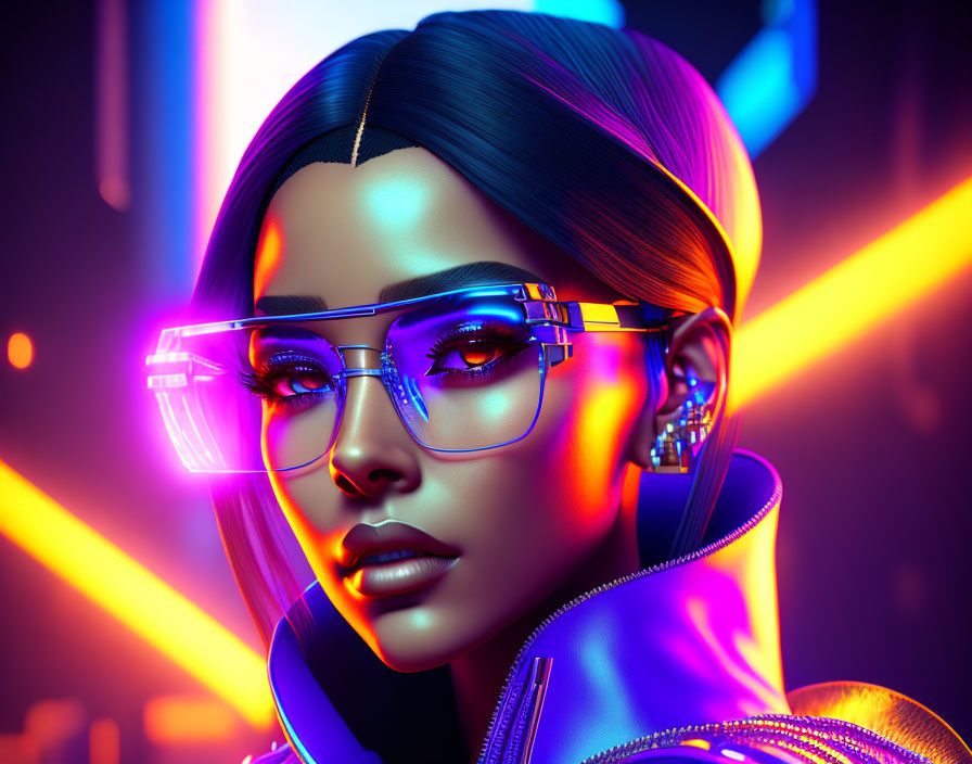 Digital artwork: Woman with futuristic glasses under neon lights