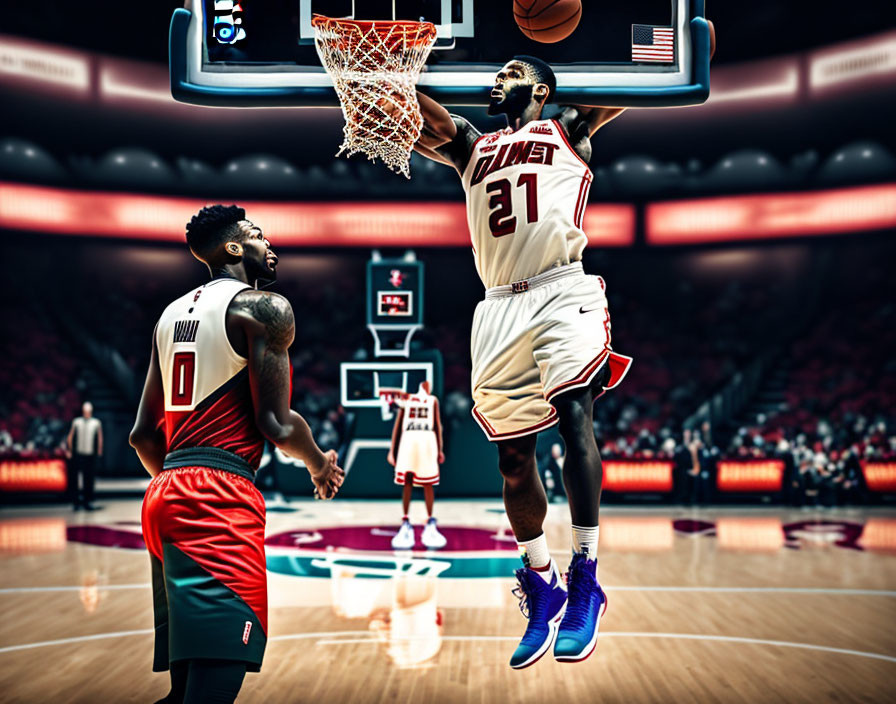 Basketball players in white and red uniforms dunking in arena