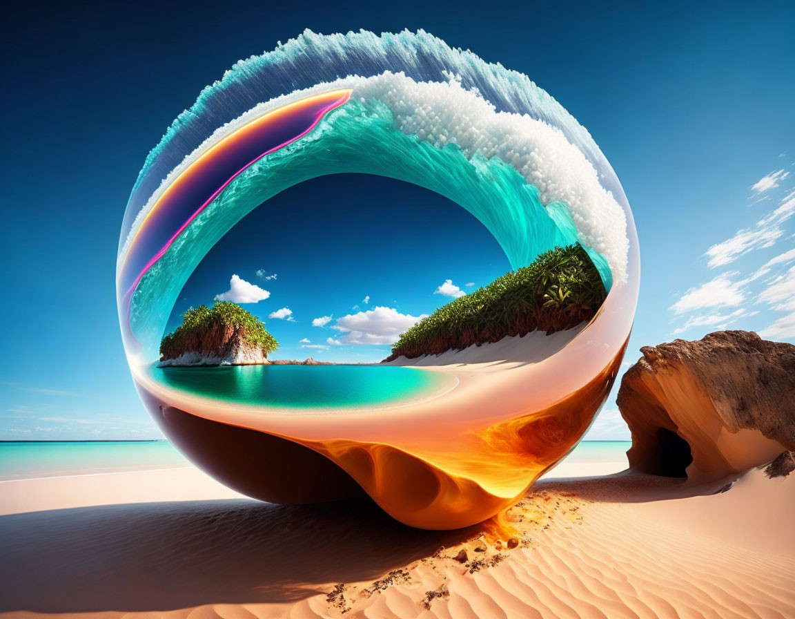 Circular Wave Encompassing Tropical Island and Desert Beach