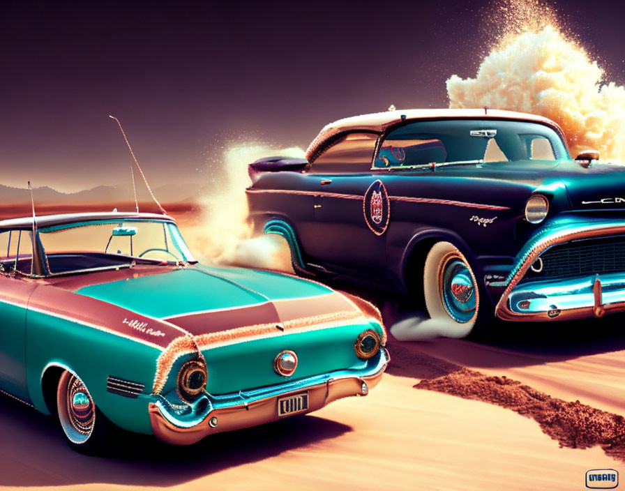 Vintage cars racing in desert with dust trails and dramatic sky