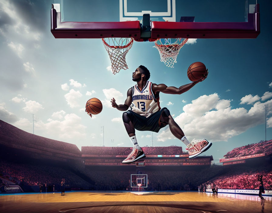 Basketball player mid-air dunk in intense stadium atmosphere