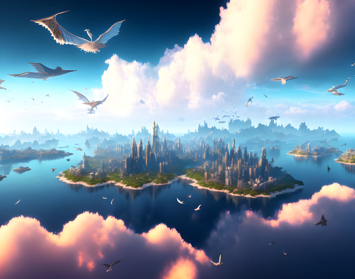 Fantastical landscape with floating islands and soaring birds