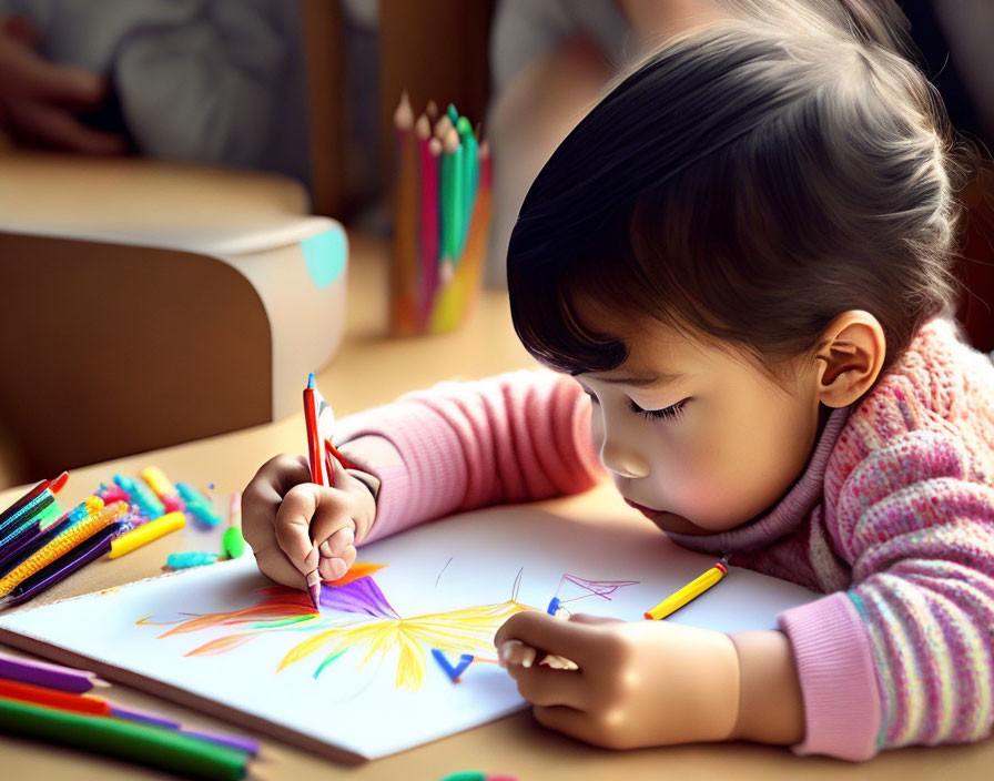 Young Child Coloring with Pencils Amid Colorful Drawing Materials