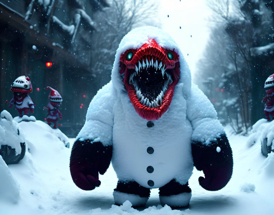 Menacing Snowmen with Sharp Teeth in Snowy Street