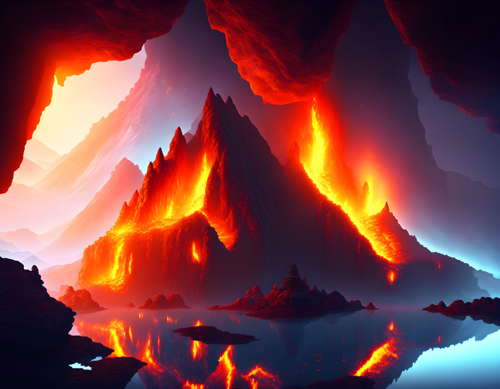 Volcanic landscape with lava flows, sharp mountains, and reflective water under red sky