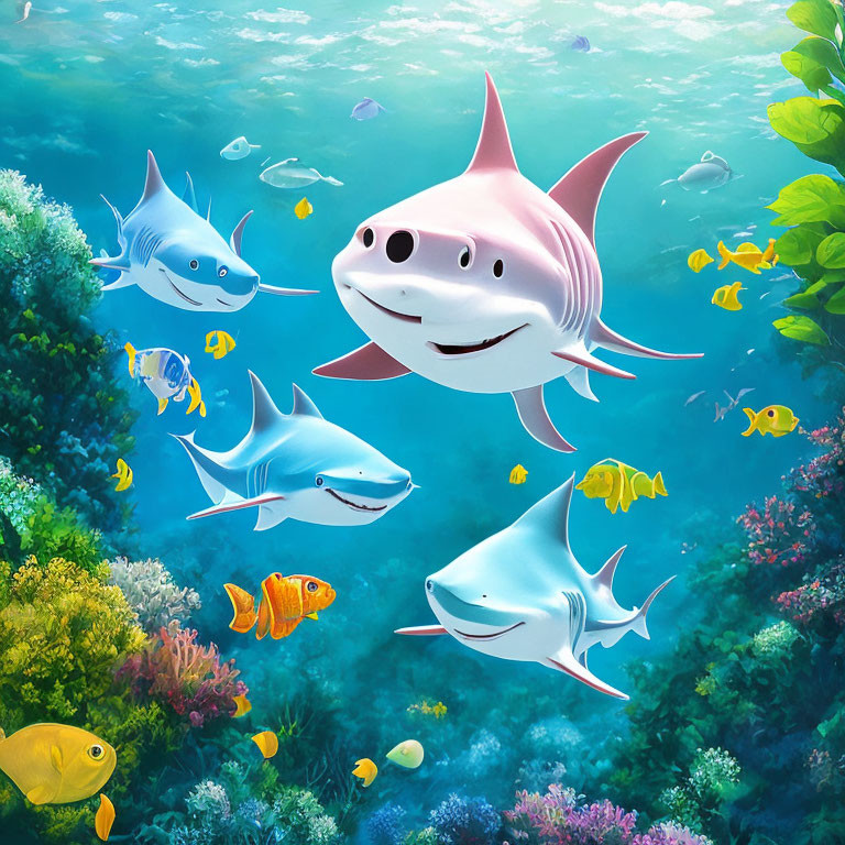 Colorful Fish and Friendly Sharks in Vibrant Underwater Scene