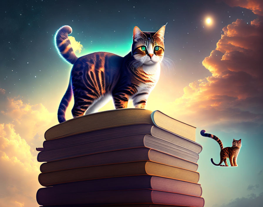 Majestic cat on books with twilight sky backdrop and distant cat silhouette