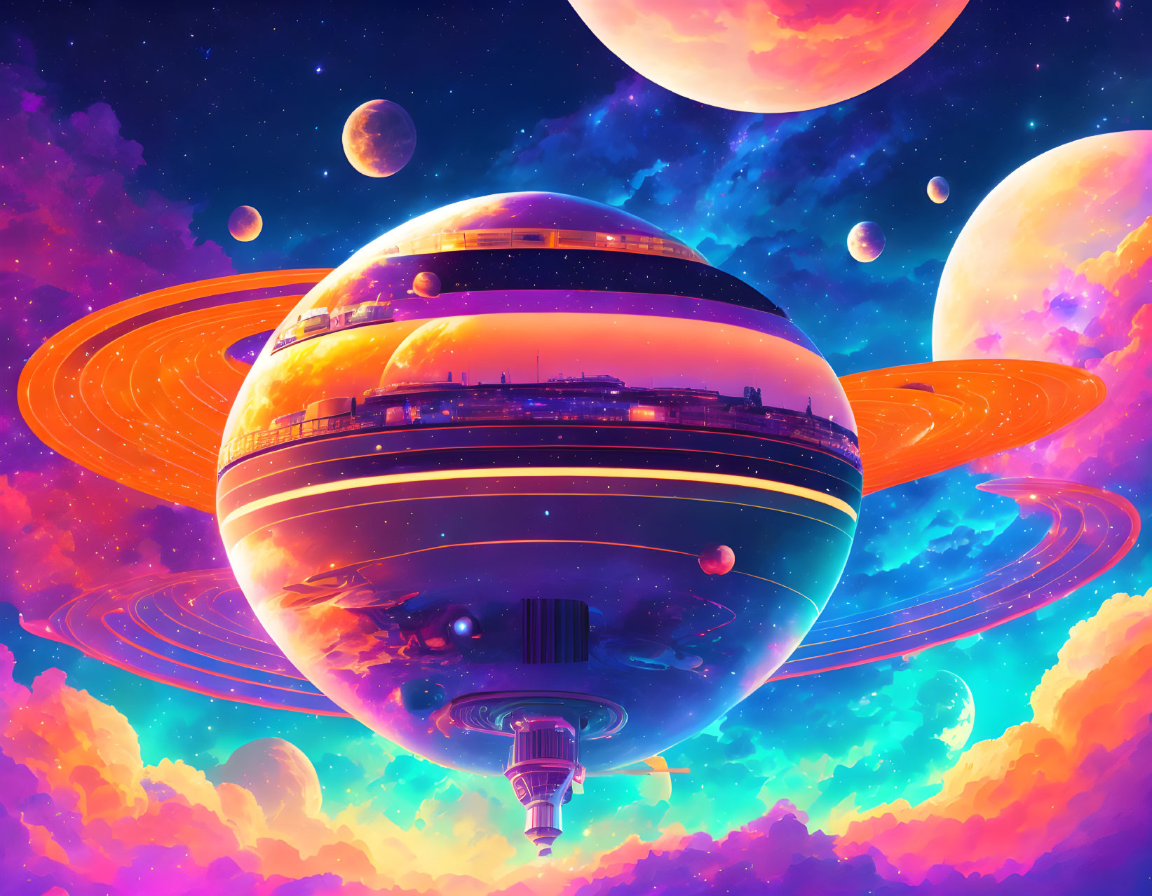 Colorful imaginary space scene with large planets & bright stars