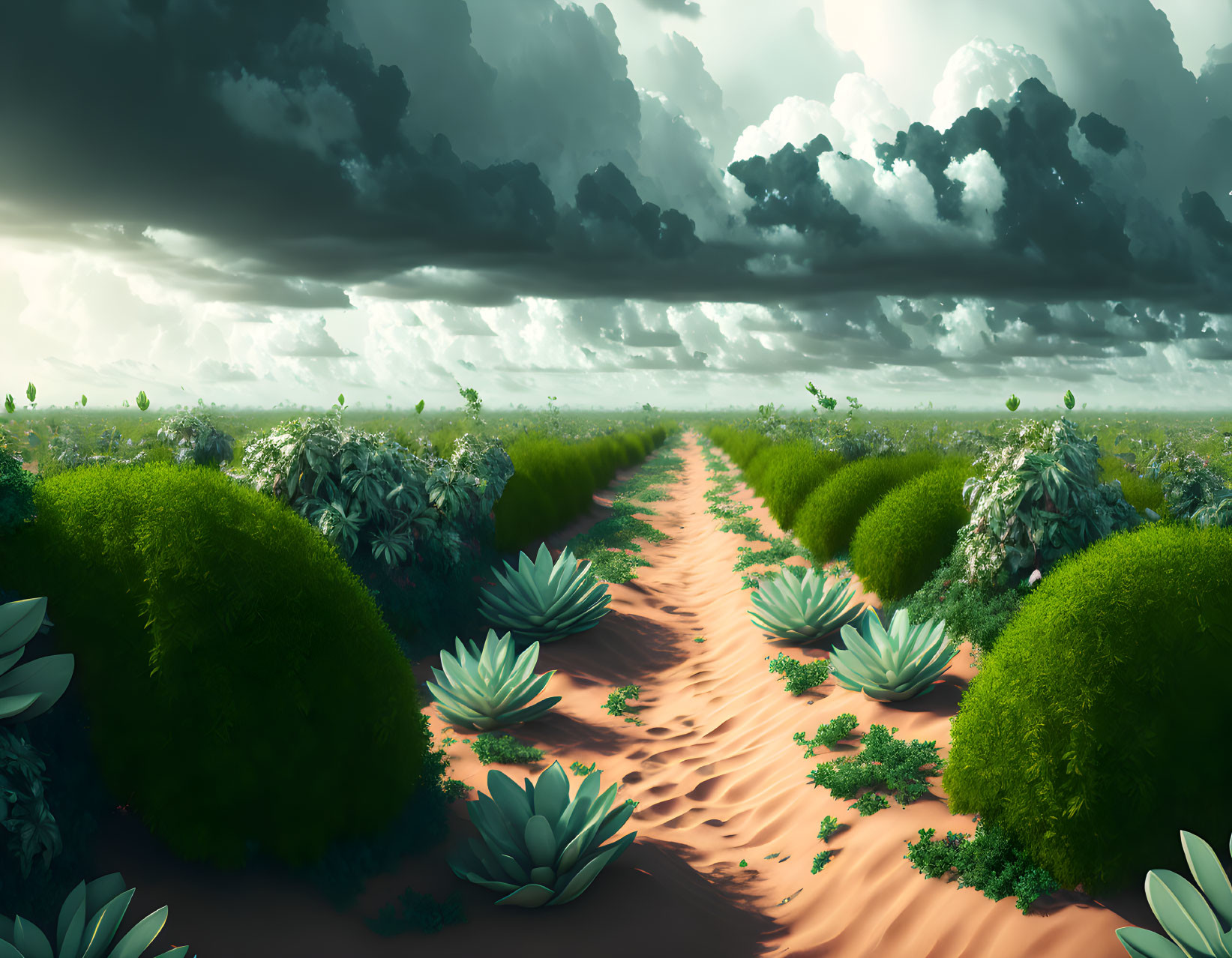 Surreal garden path with oversized plants under dramatic sky