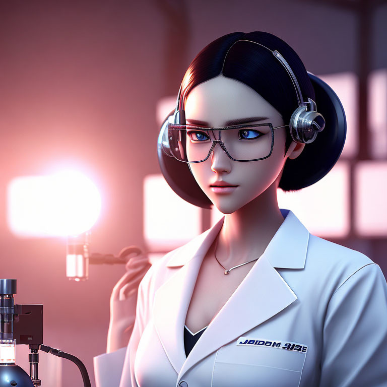 Stylized animated female scientist in lab coat with glowing test tube