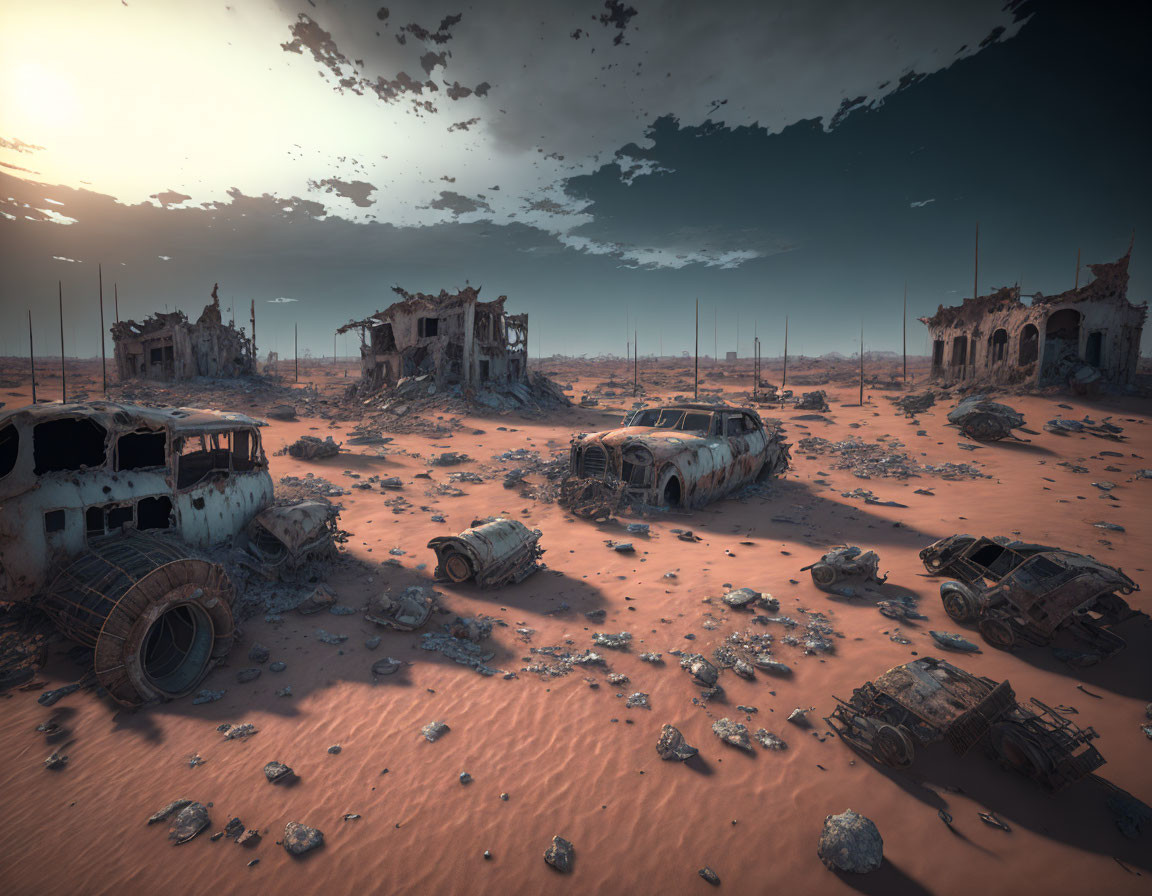 Desolate landscape with ruined buildings and abandoned vehicles in a hazy sky