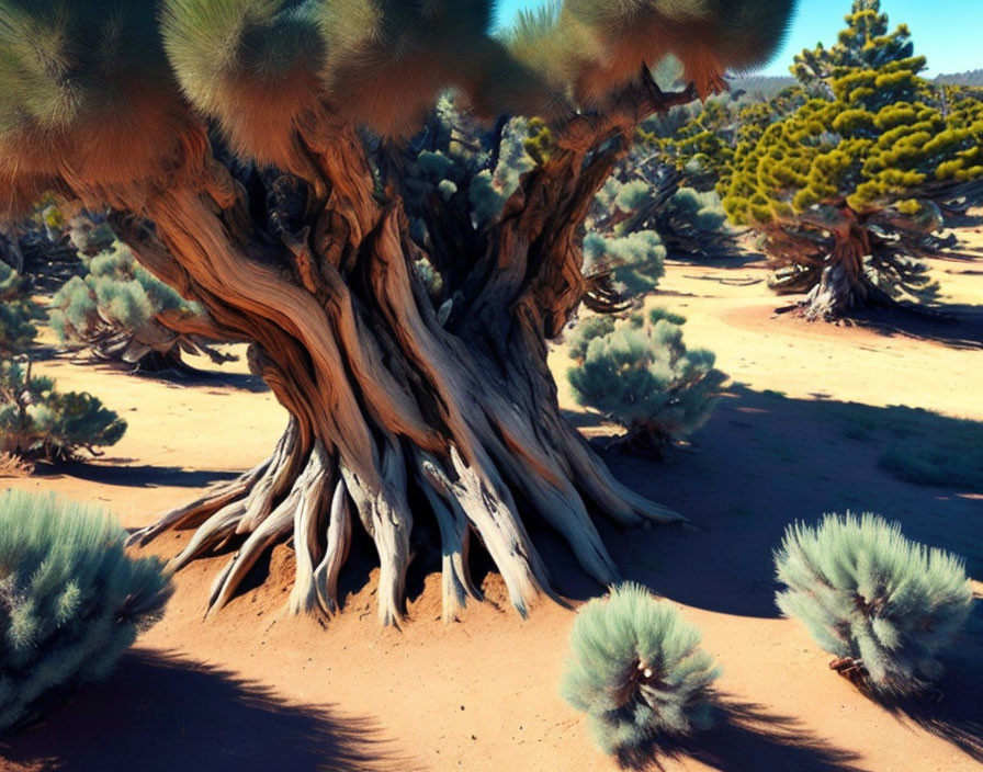 Twisted tree trunk with textural bark in desert landscape