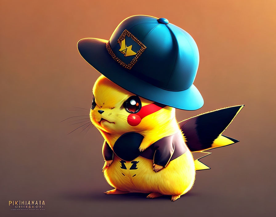 Stylized Pikachu with blue hat and vest, lightning bolt design