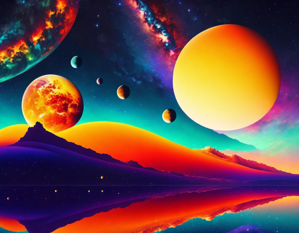 Colorful Space Artwork: Planets, Galaxy, Mountain Landscape, Reflective Lake