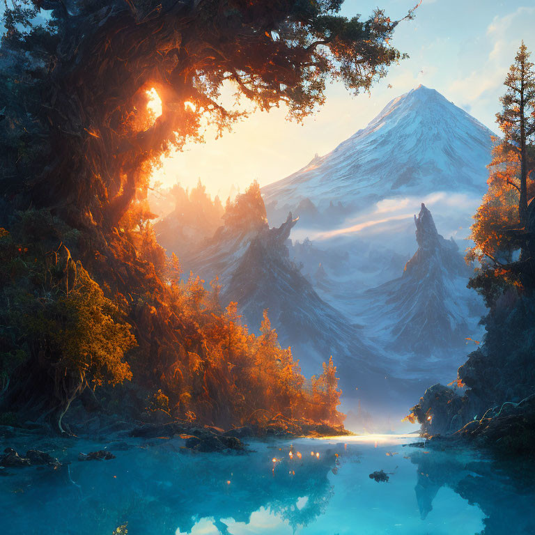 Snow-capped mountain peak, blue lake, golden forest in warm sunlight