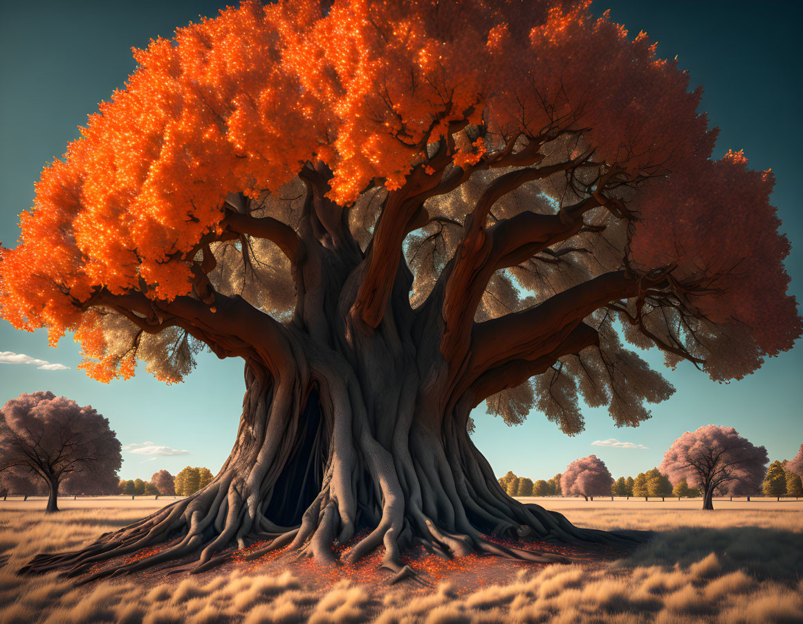 Majestic tree with thick trunk and vibrant orange foliage in serene field