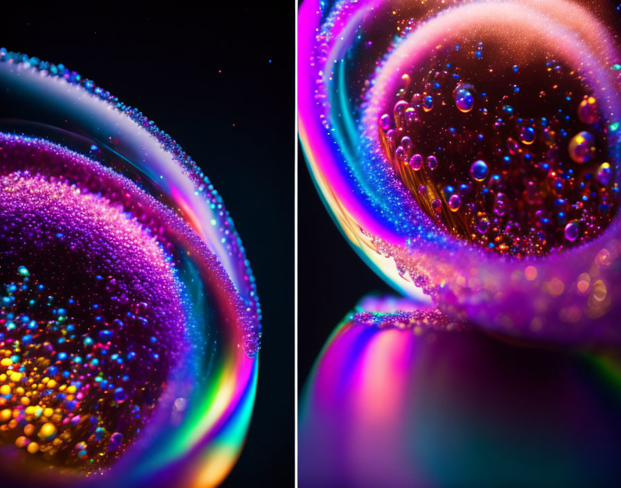 Vibrant close-up of iridescent bubbles with sparkling water beads in neon lighting