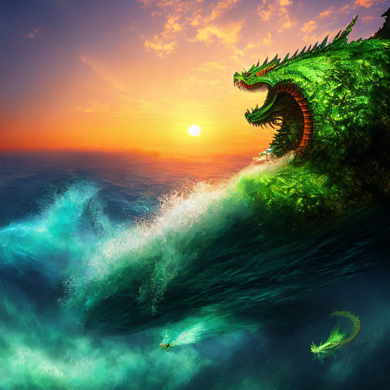 Sunset scene with massive dragon-shaped wave and smaller tailing wave.