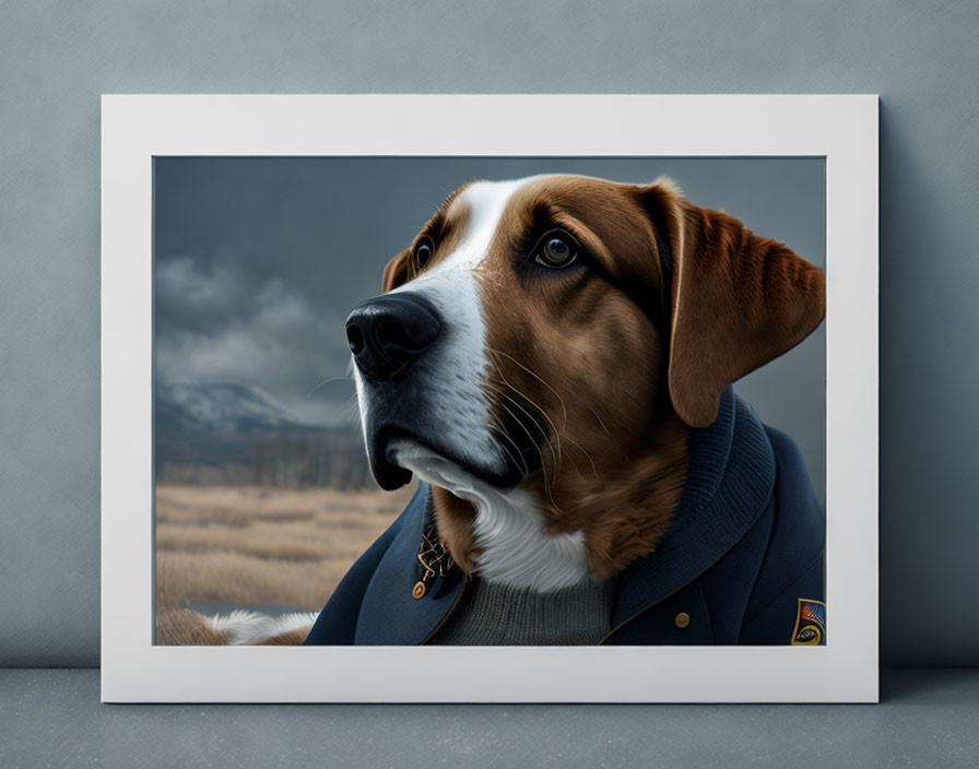 Beagle in Jacket Contemplating Landscape Under Grey Skies