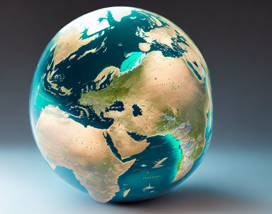 Metallic 3D Globe Featuring Europe, Africa, and Asia Focus on Mediterranean