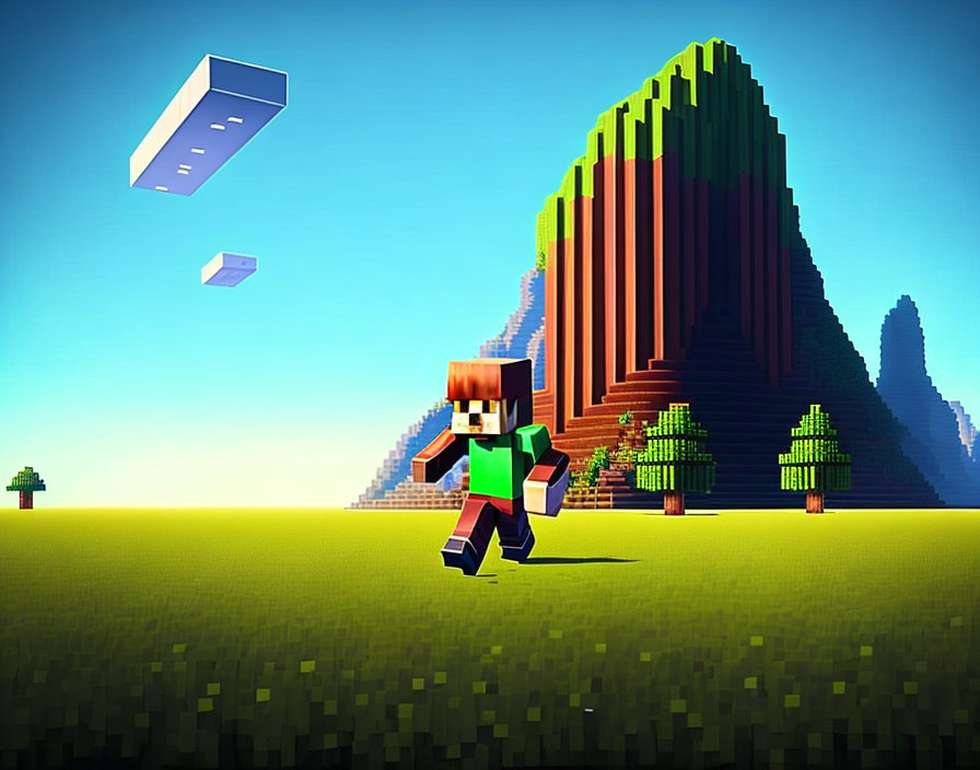 Blocky Minecraft character running in grassy landscape with floating blocks