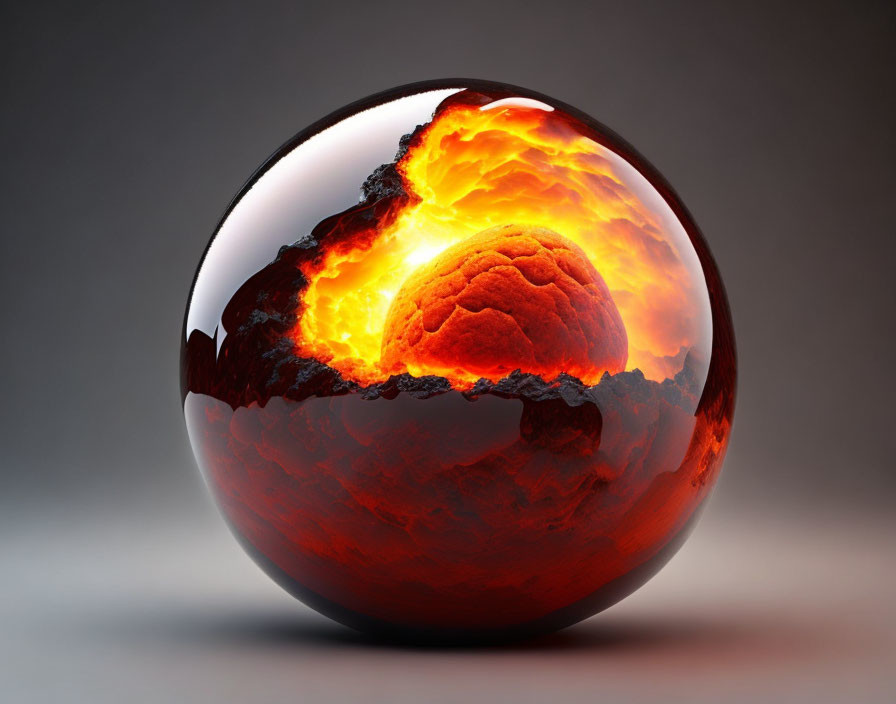 Shiny sphere showcasing erupting volcano with lava and smoke