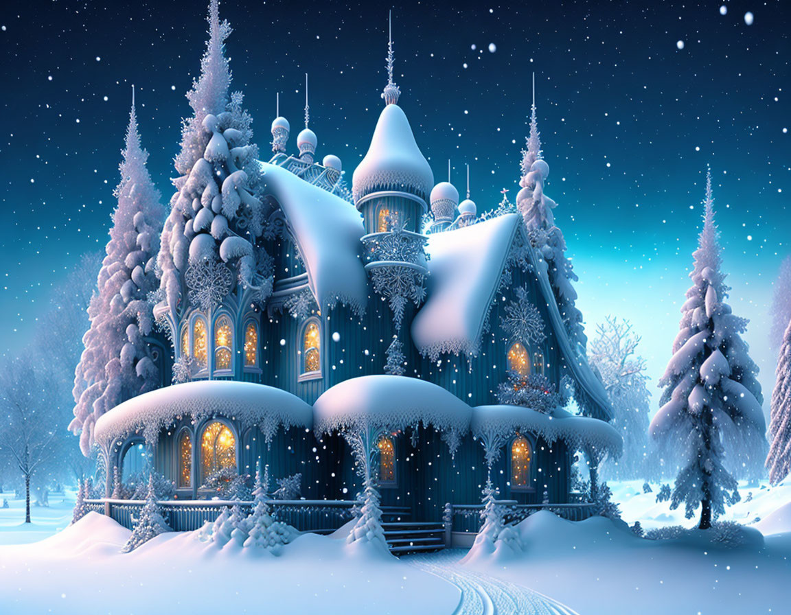 Snow-covered grand house in fantastical winter scene under starry night sky