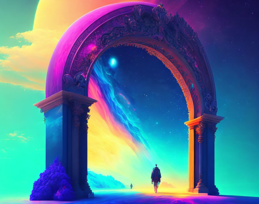 Intricately designed archway to surreal cosmic landscape