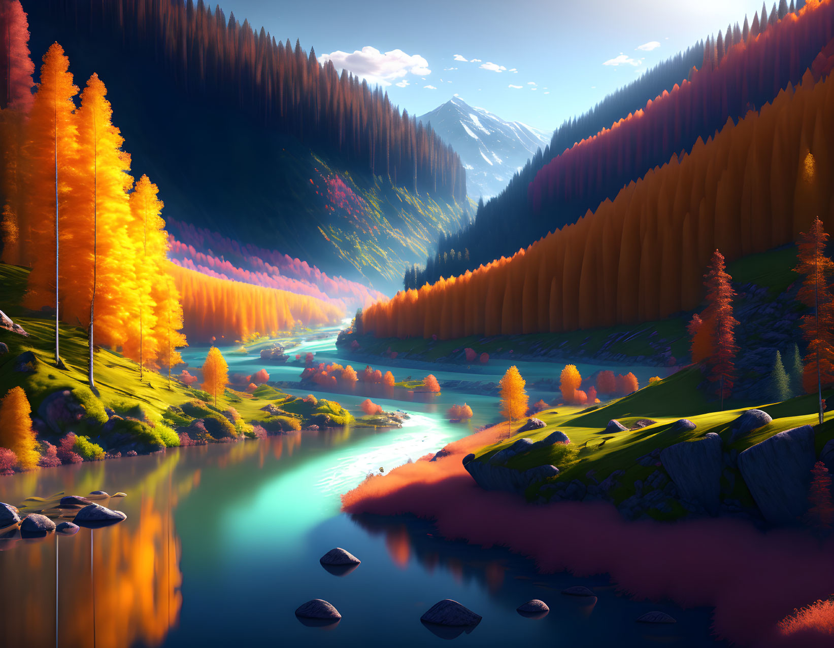 Colorful autumn landscape with blue river, orange trees, and mountains.