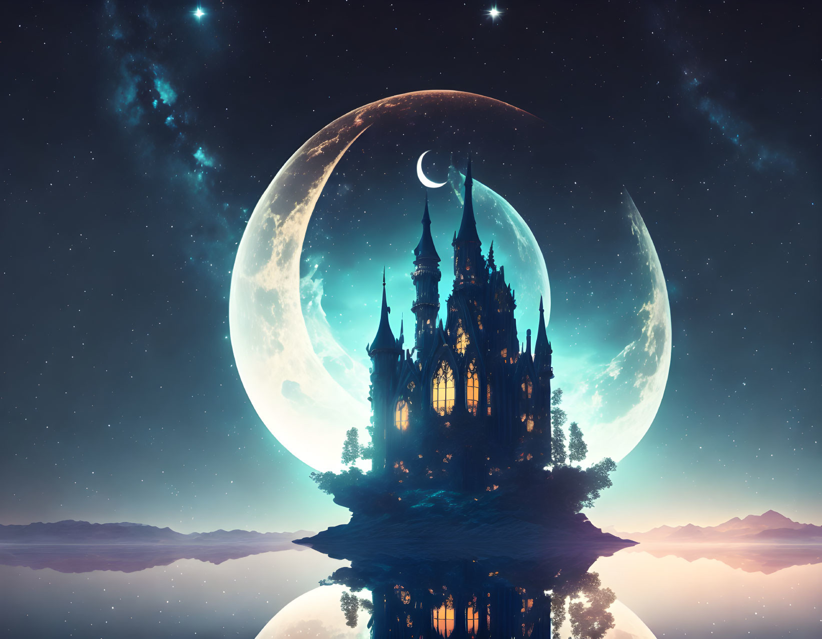 Fantasy castle on floating island under crescent moons