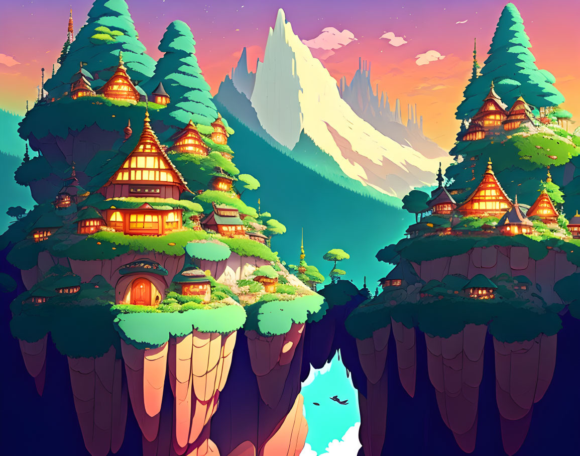 Fantasy landscape: floating islands, lush greenery, treehouses, mountains, vibrant sunset sky