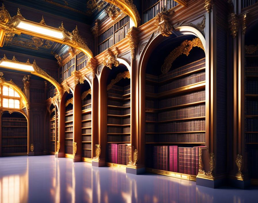 Luxurious Library with Wooden Bookshelves and Golden Chandeliers